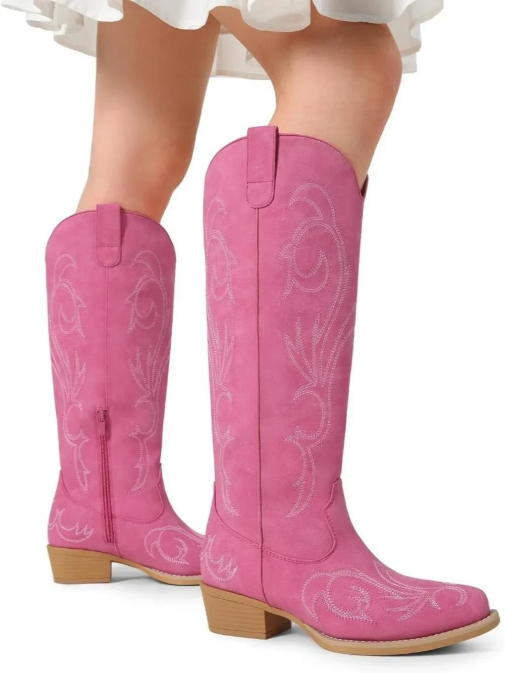 Women's Pink Rubber Cowgirl Knee High Pointed Toe Block Heel Embroiderd Boots